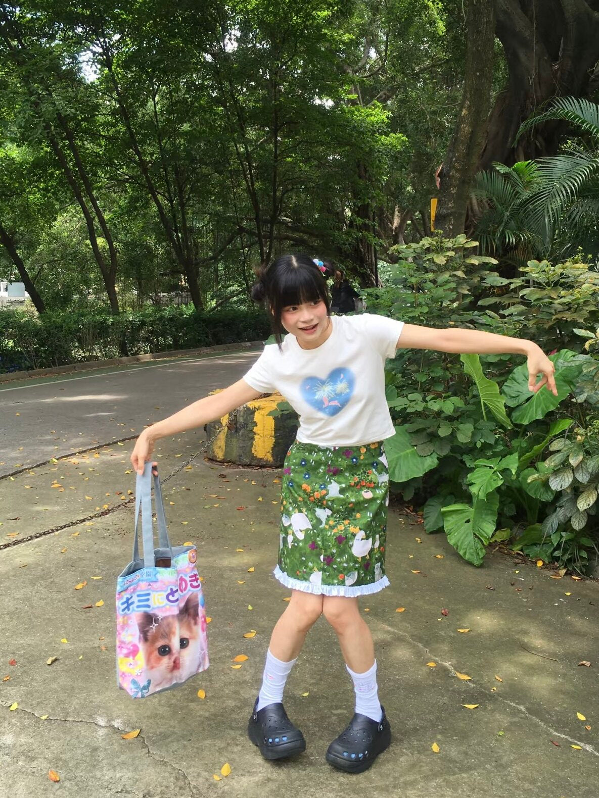 Romantic Rimande Café - Cat Print Green A-Line Skirt