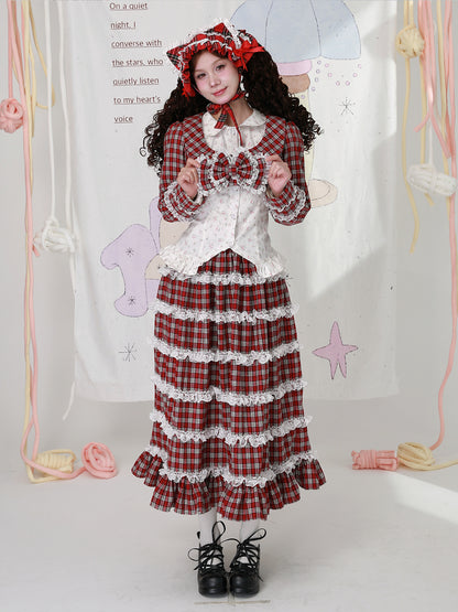 SOS MEME CLUB - Kawaii Jacket Showa Christmas Red Plaid Jacket jacket SOS MEME CLUB