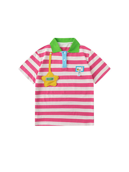 KURIOSITAET - Decora Kei Pink Striped Polo Collar T-shirt tshirt KURIOSITAET