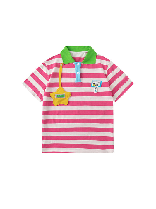 KURIOSITAET - Decora Kei Pink Striped Polo Collar T-shirt tshirt KURIOSITAET
