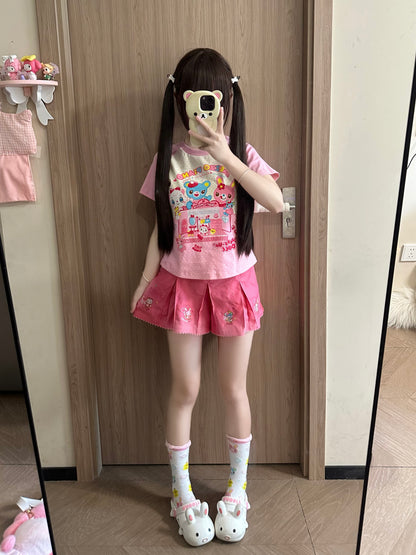 Blurred Bear - Jojifuku Inspired Sweet Cotton Tee & Denim Skirt Set set Blurred Bear