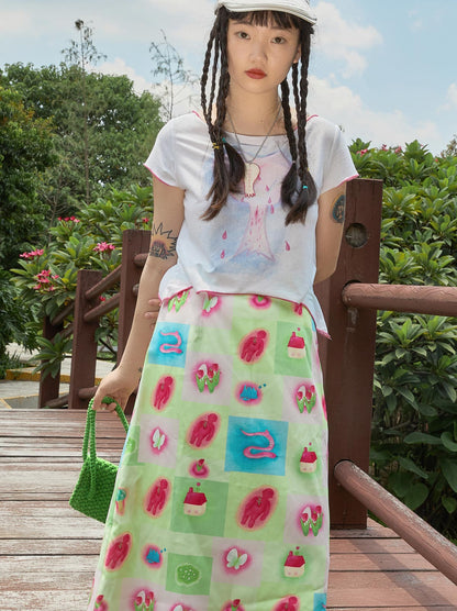 Harajuku Skirt Green A-line Skirt Hand-painted Skirt Midi Skirt skirt Moon Meadow