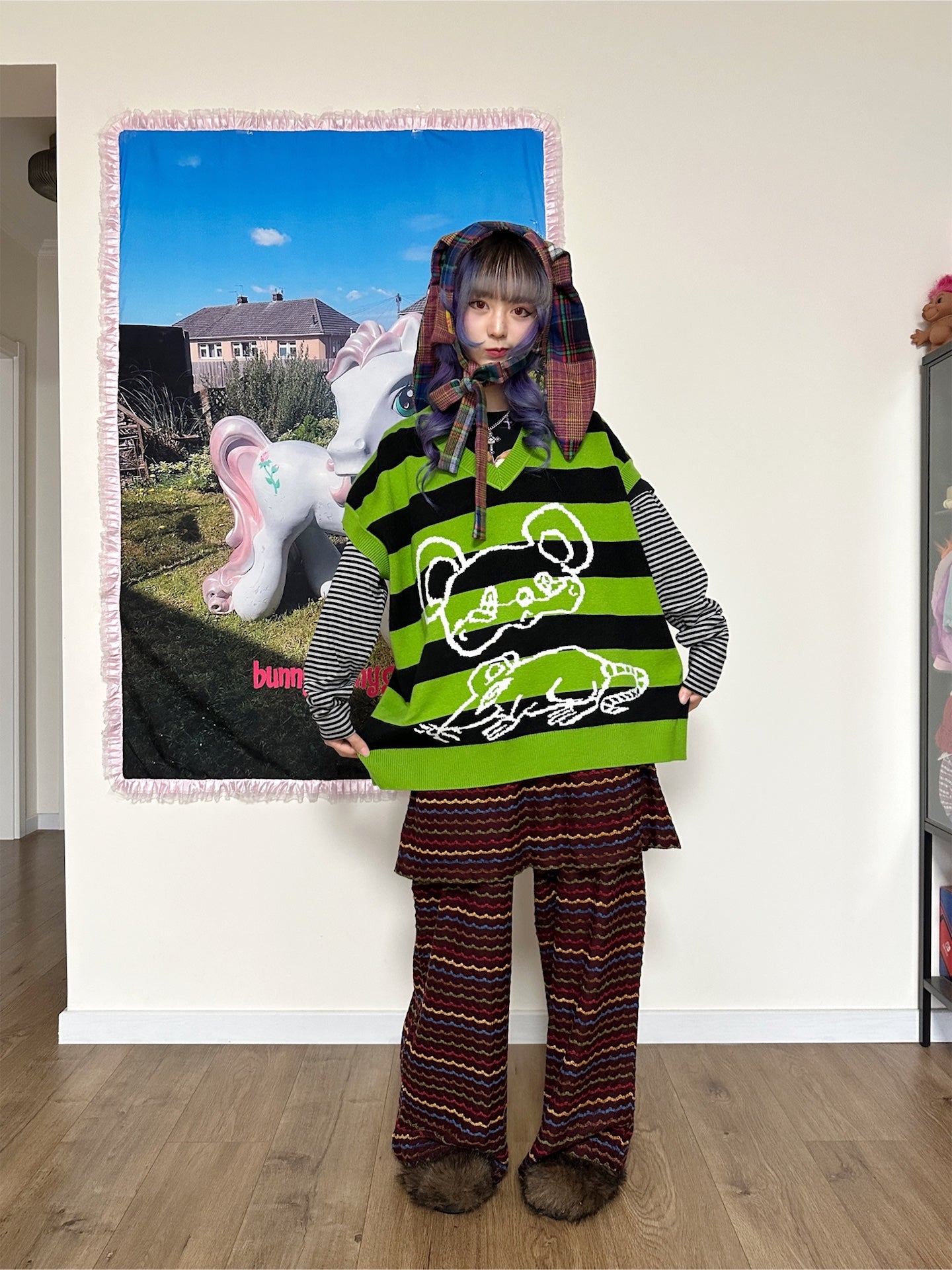 bunnybunnygun - Decora Kei Striped Knit Vest Oversized Sweet Cool vest bunnybunnygun