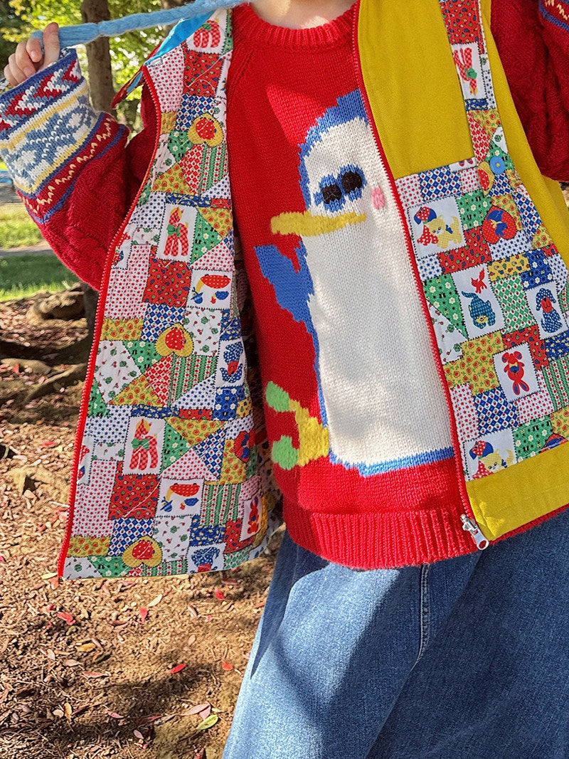 made in zzz 双面穿棉服童趣撞色拼接毛线刺绣田园艺术夹棉外套 jacket made in zzz