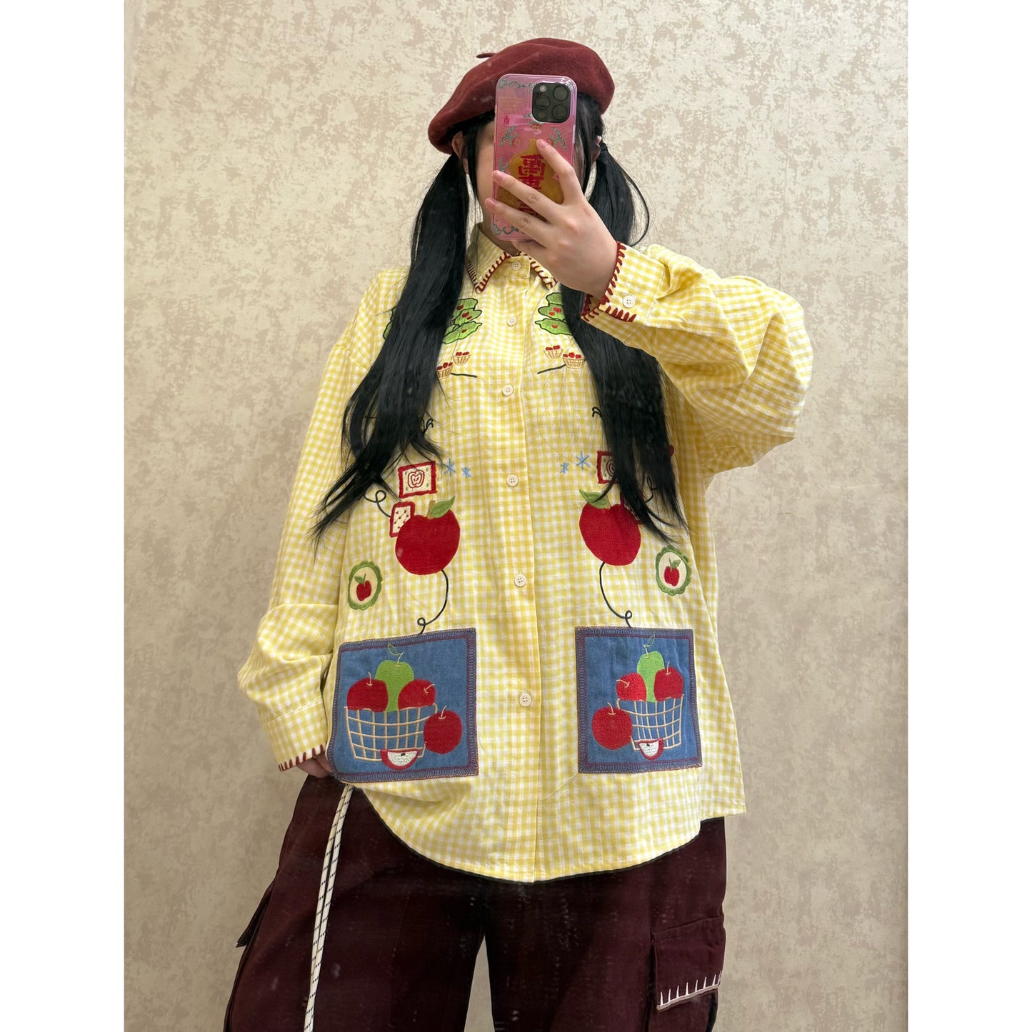 BIBULU - Kidcore Apple Embroidery Plaid Shirt shirt BIBULU Yellow M