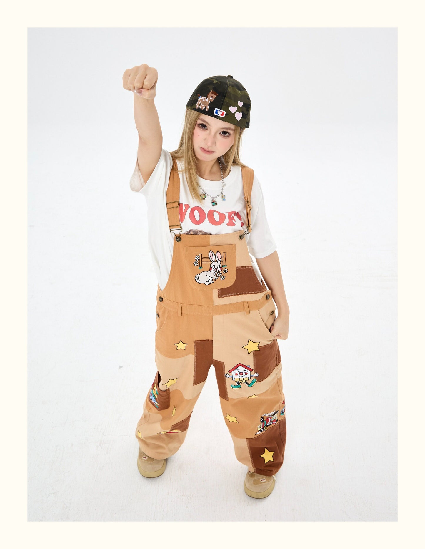 Robootoo - Brown Patchwork Embroidered Wide Leg Overalls overall Robootoo
