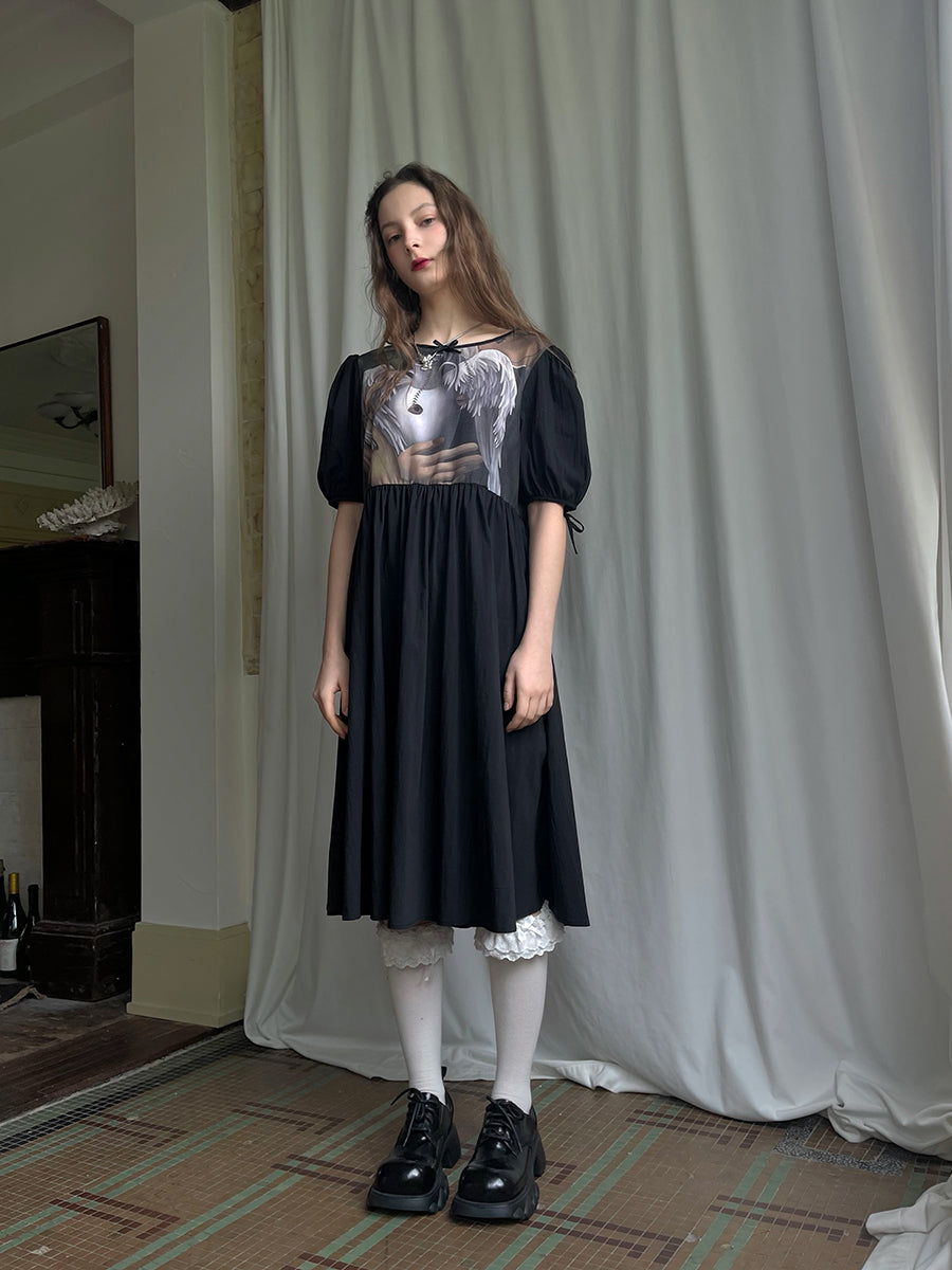 daytoday everyday institute - Kawaii Angel Print Short Sleeve Dress dress daytoday everyday institute