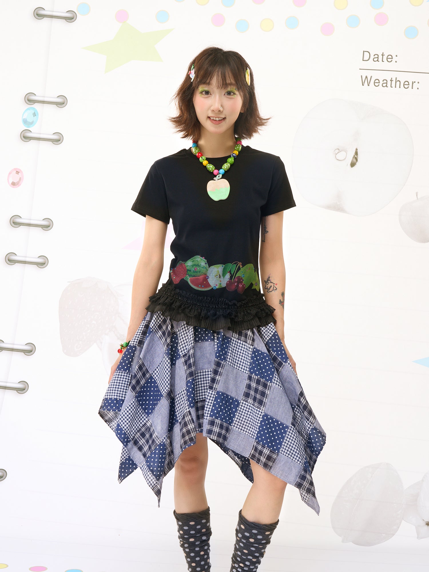FRUITS Patch‑Work Skirt | Plaid Asymmetric Skirt | Blue Purple Skirt skirt Fruits