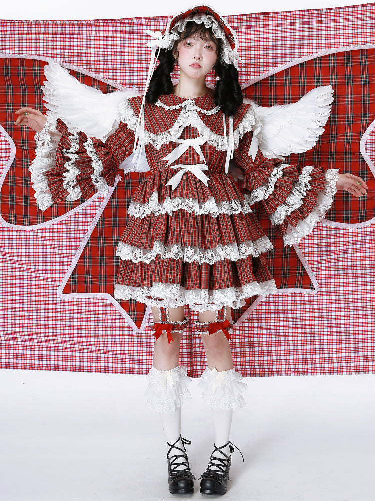 SOS MEME CLUB - Showa Red Plaid Short Sleeve Dress dress SOS MEME CLUB