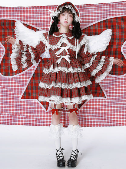 SOS MEME CLUB - Showa Red Plaid Short Sleeve Dress dress SOS MEME CLUB