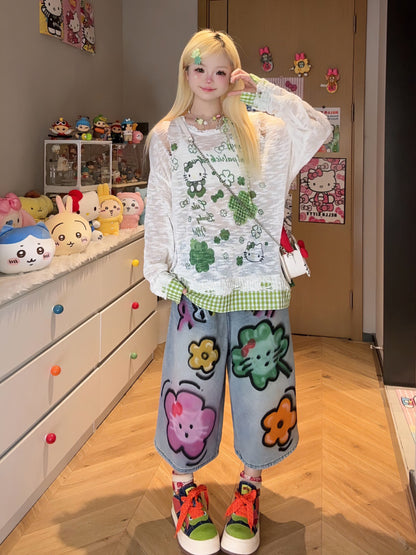 Cute Lin Kawaii Plaid Cartoon Shirt | Loose Fit Long Sleeve Overshirt shirt cute lin