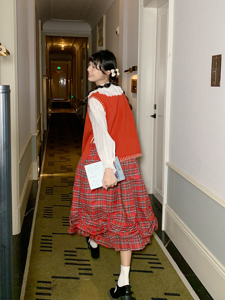 Mameya - Kawaii Red Plaid Bubble Skirt Adjustable Strap Mid-Length dress Mameya