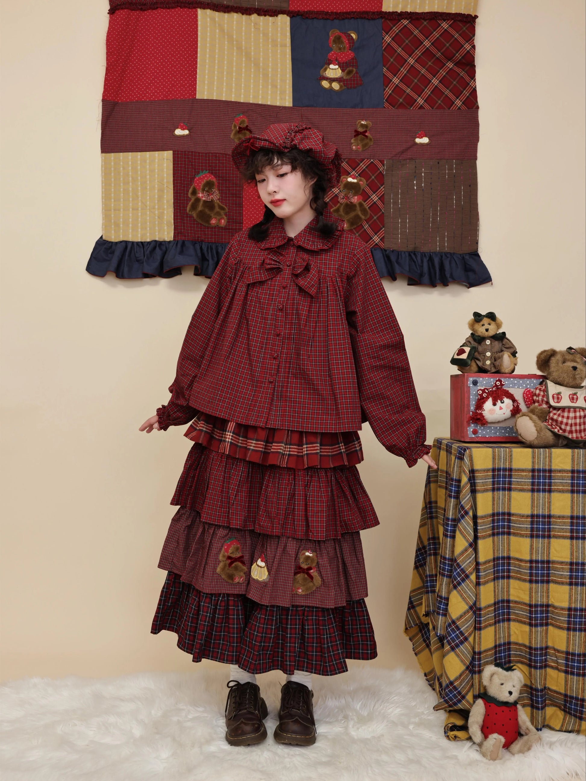 SemenCoicis - Kawaii Blouse Red Plaid Lace Bow Loose Fit shirt SemenCoicis