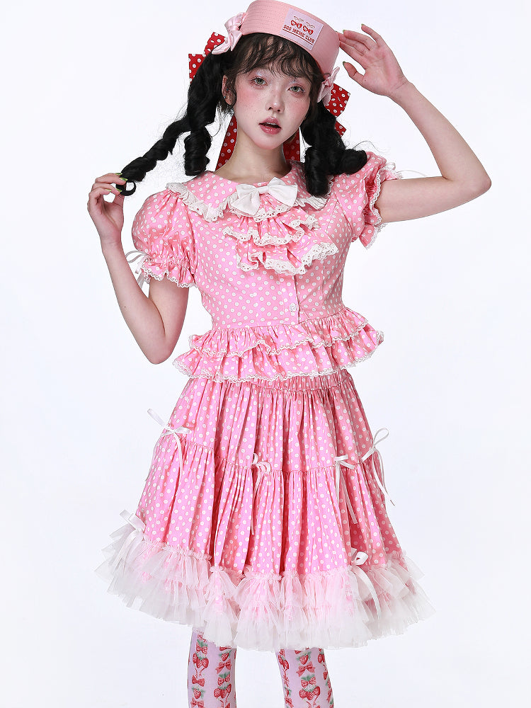 SOS MEME CLUB - Showa Vintage Kawaii Pink Polka Dot Shirt blouse SOS MEME CLUB