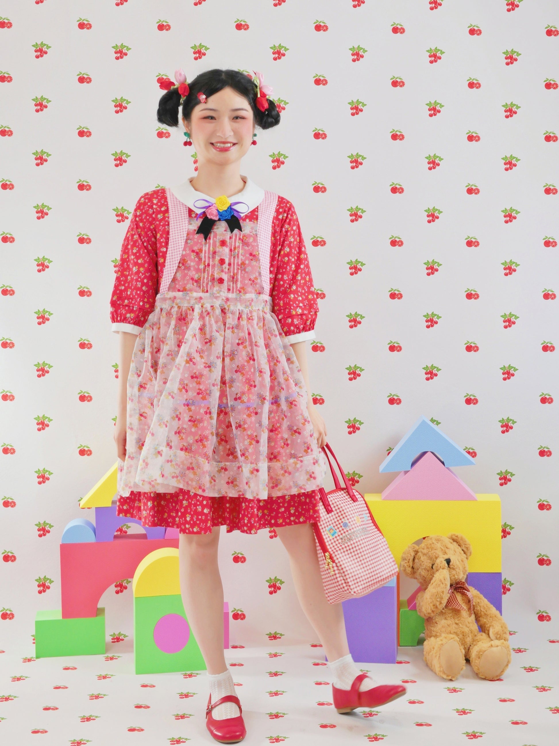 GOODBABY - Sheer Cherry Puff Cover Top overskirt dress