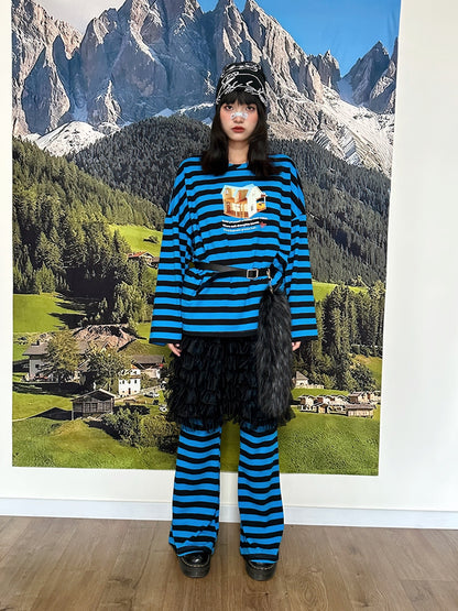 BunnyBunnyGun - Y2K Flare Pants Blue Black Striped Loose Fit pants bunnybunnygun