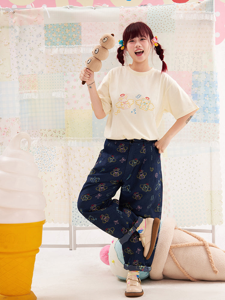 NIKKOU Cute Short Sleeve Tee | Kawaii Embroidered Cotton T-Shirt tshirt Nikkou home