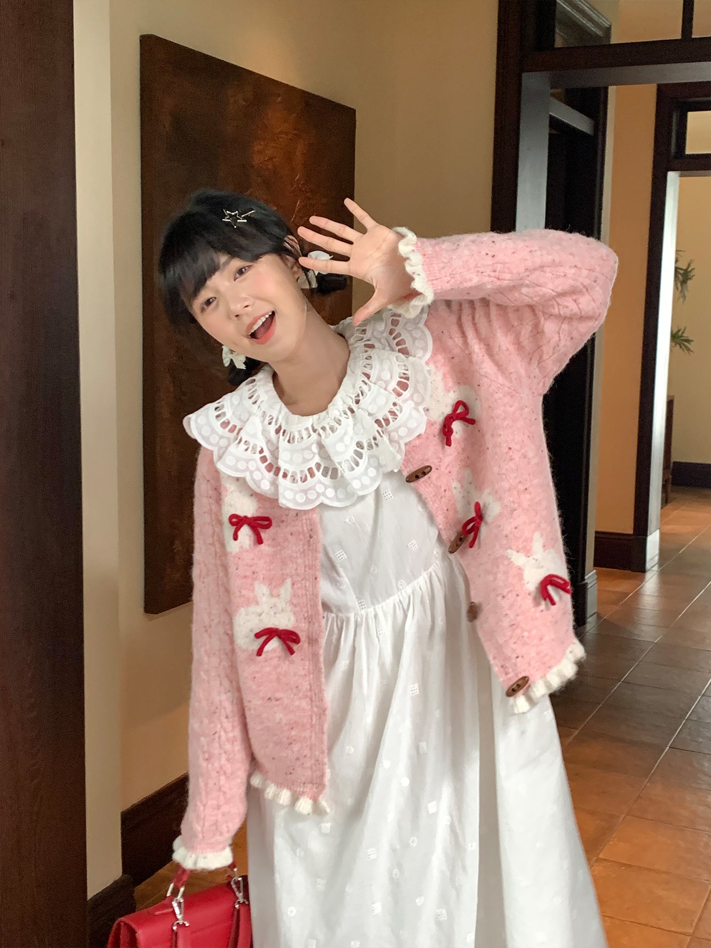 Mameya - Kawaii Bunny Knit Cardigan Pink Bow Cable Sleeve Design cardigan Mameya