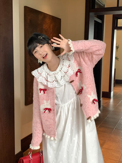 Mameya - Kawaii Bunny Knit Cardigan Pink Bow Cable Sleeve Design cardigan Mameya
