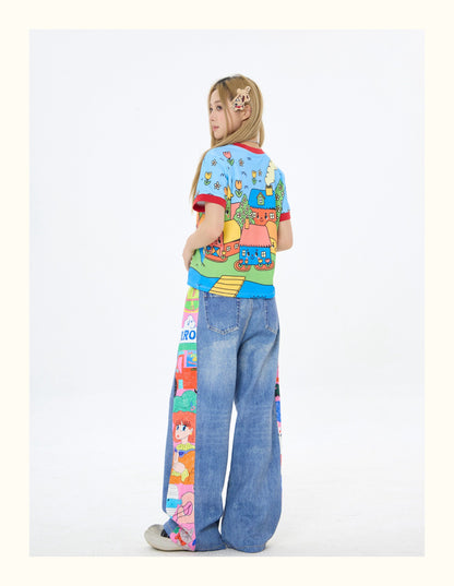 Robootoo - Blue Cartoon Town Print T-Shirt tshirt Robootoo