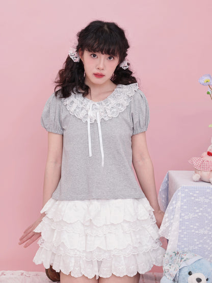 SemenCoicis Vintage Ruffle Collar Tee | Kawaii Puff Sleeve Cotton Top tshirt SemenCoicis