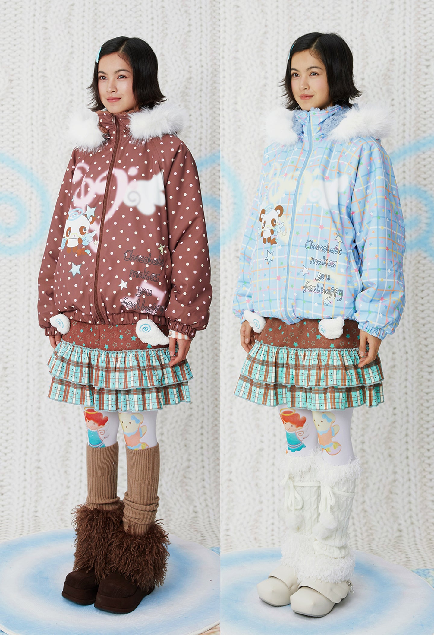 frufru - Kawaii Blue Brown Printed Hooded Jacket Warm Plush-Lined Winter Coat coat frufru