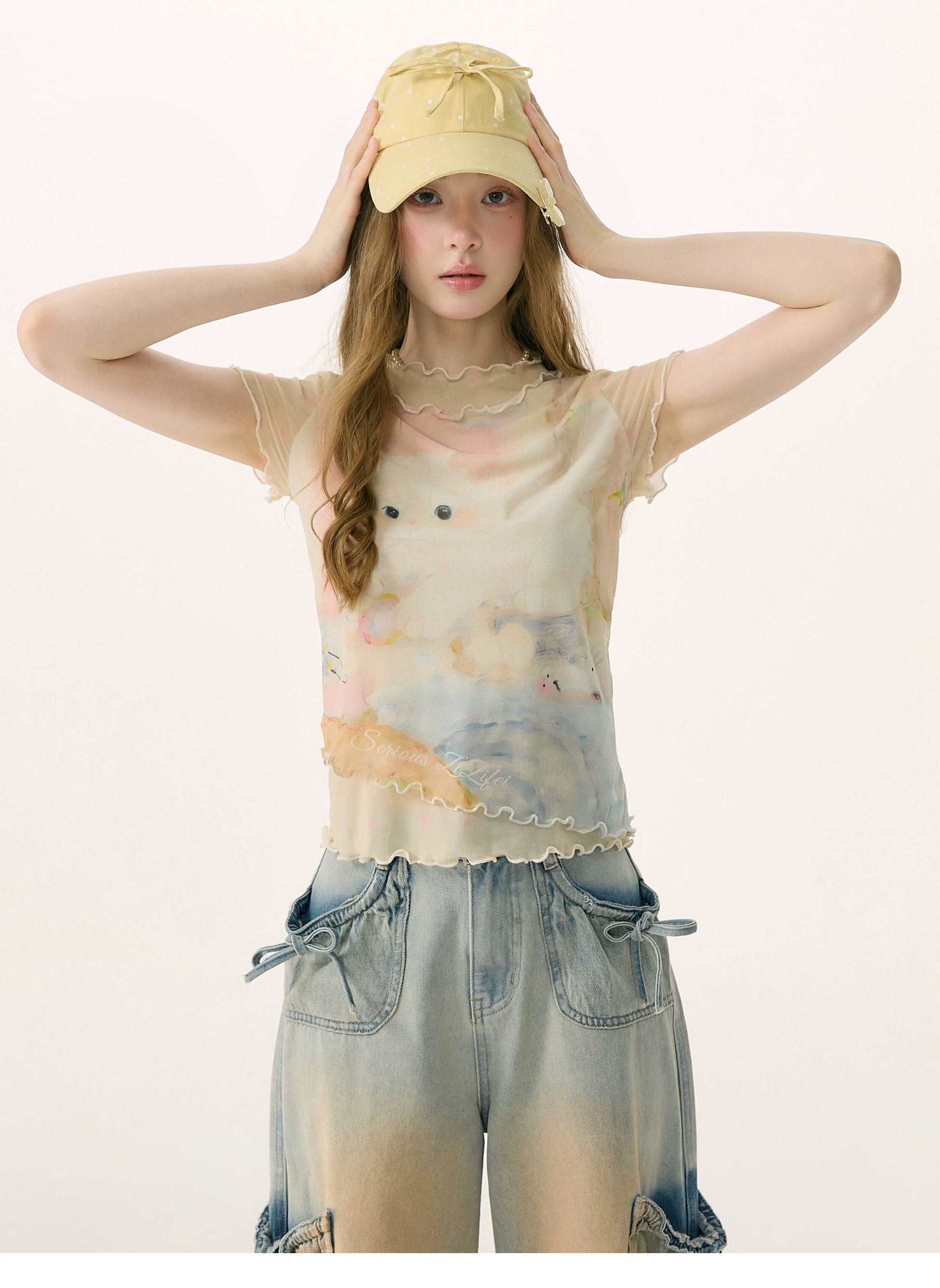 ziziFei - Cat Dream Mesh Ruffle Hem Tee tshirt ziziFei