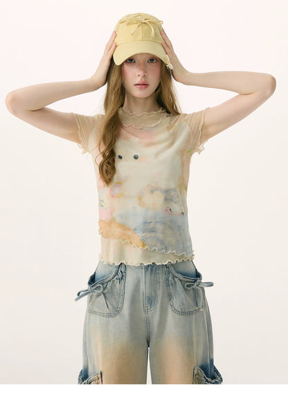 ziziFei - Cat Dream Mesh Ruffle Hem Tee tshirt ziziFei