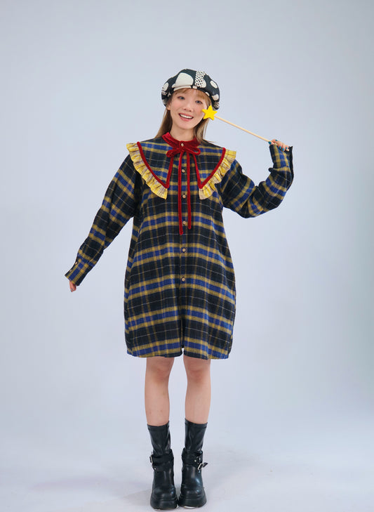 MeowMeow Bug - Vintage Plaid Bow Shirt Dress