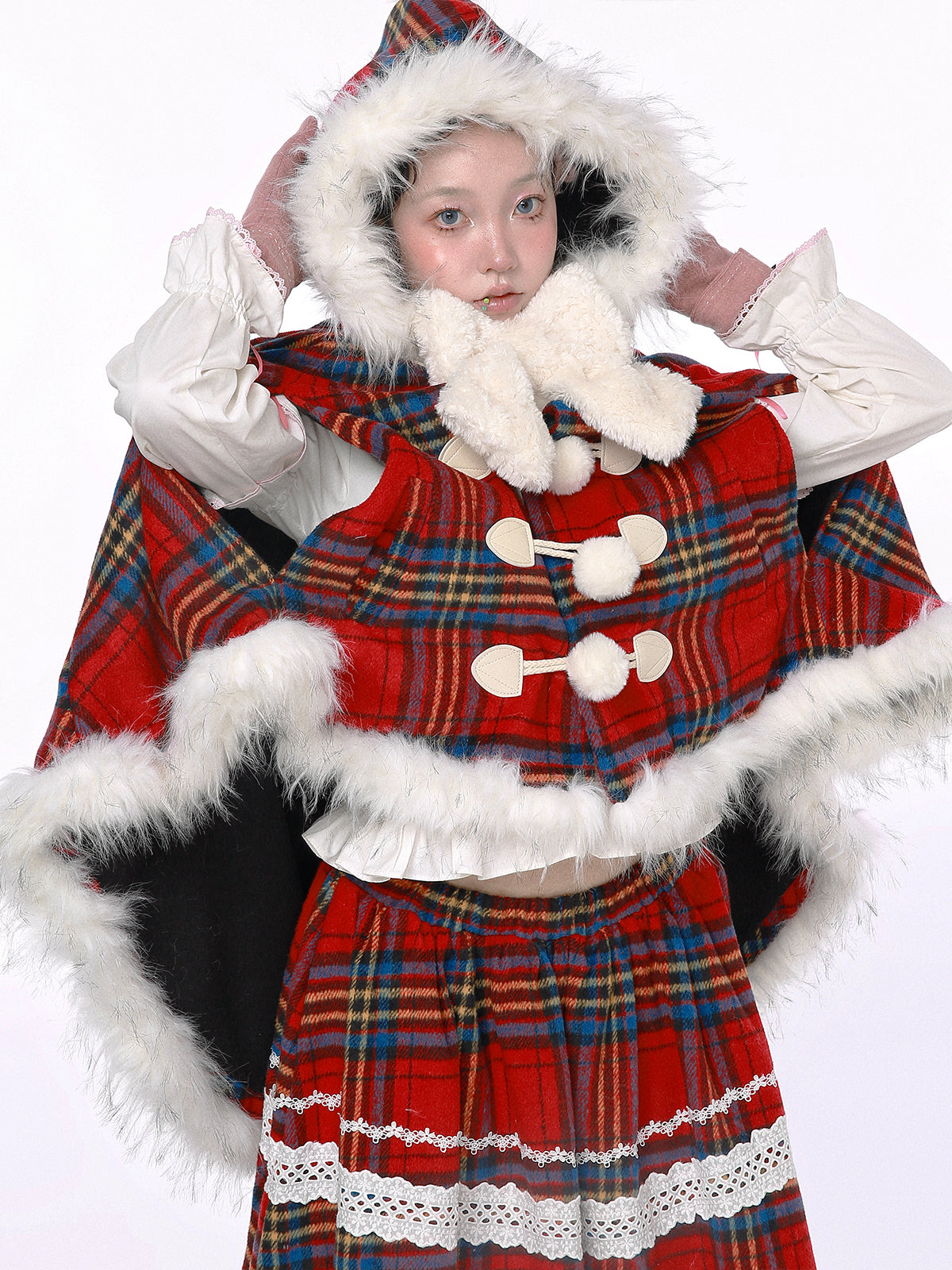 SOS MEME CLUB – Showa Christmas Red Plaid Wool Coat cape SOS MEME CLUB