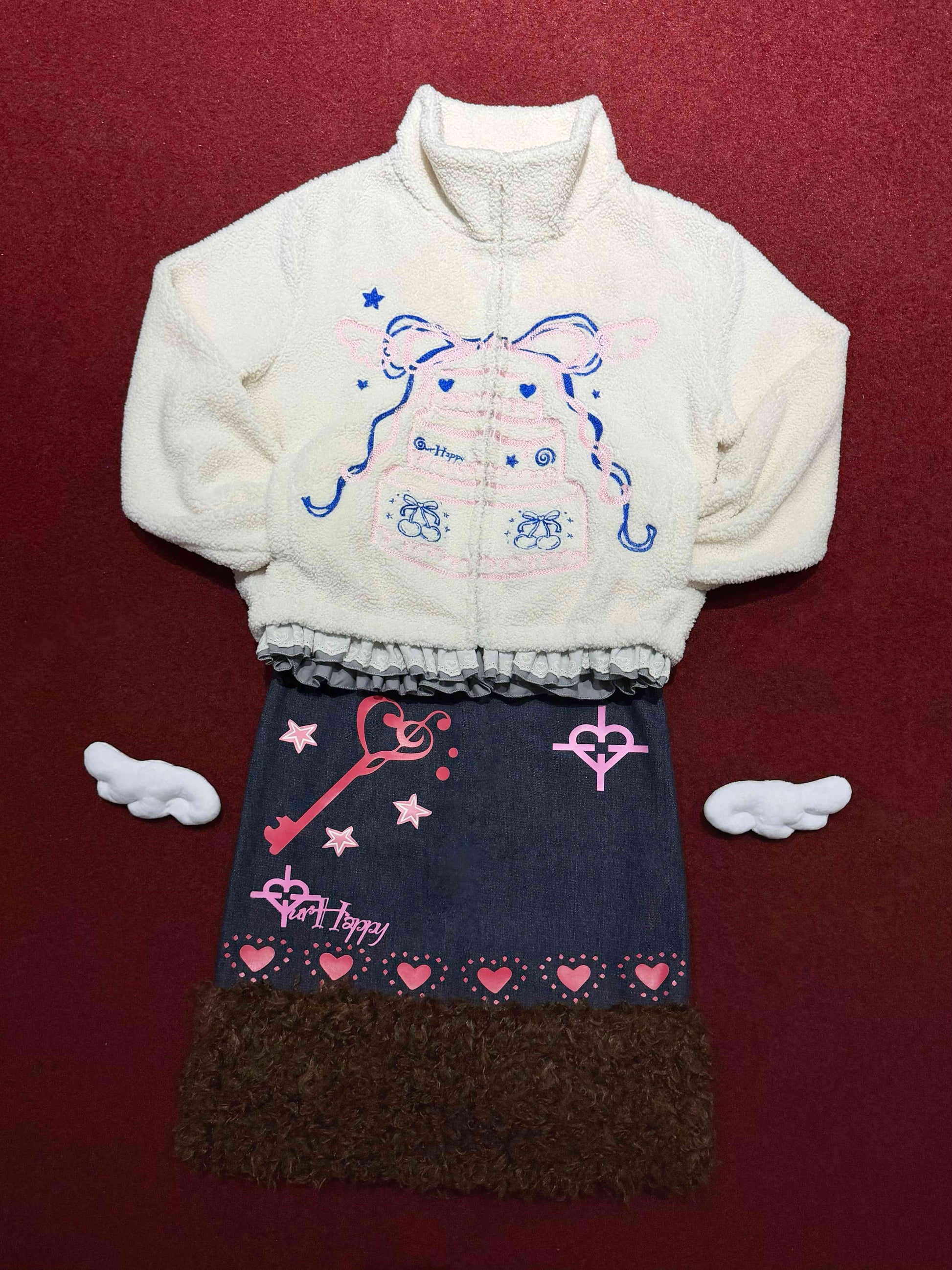 OurHappy - Cake Embroidered Fleece Jacket coat Our Happy