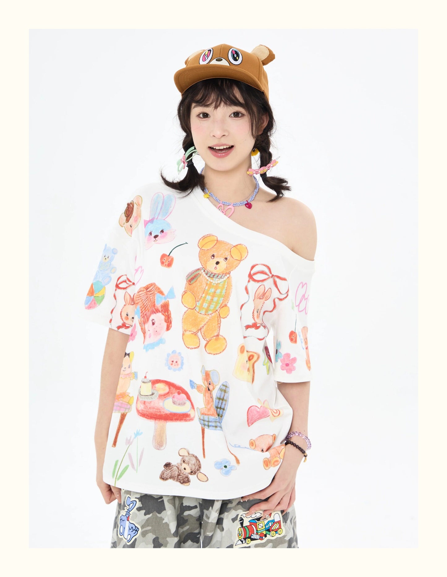 Robootoo - White Bear Tea Party Off-Shoulder T-Shirt tshirt Robootoo
