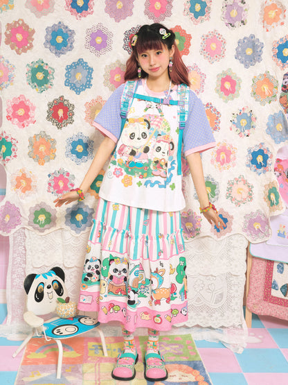 Lutra Jump Skirt Pink Green Striped Skirt Panda Cartoon Long Skirt skirt Lutra Jump