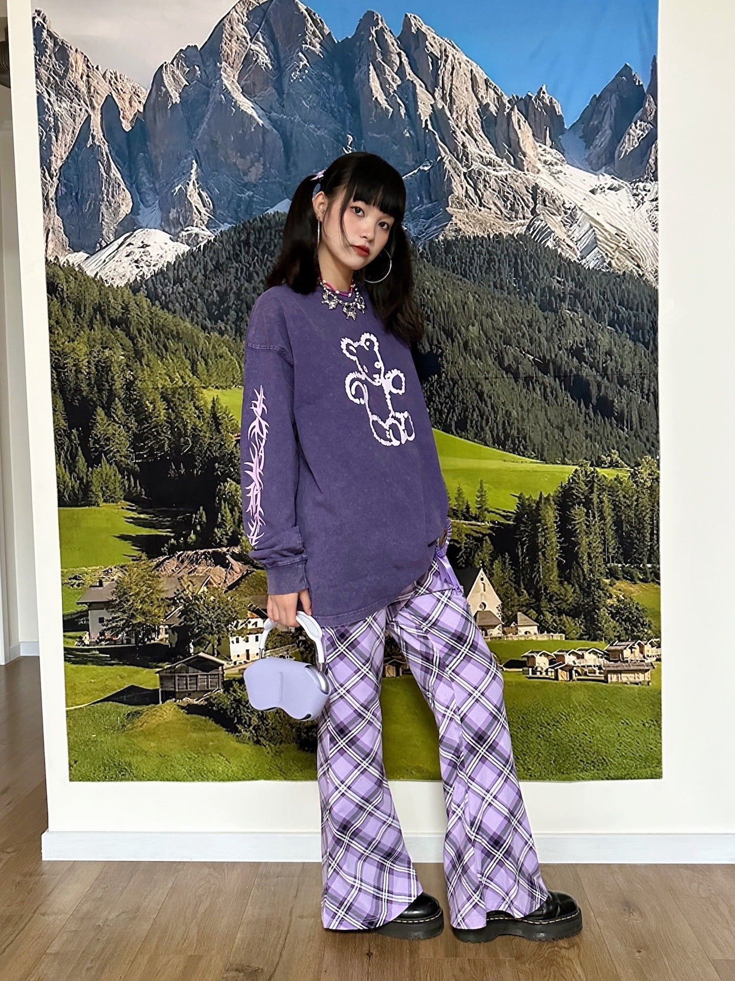 BunnyBunnyGun - Y2K Flare Pants Purple Plaid Retro Loose Fit pants bunnybunnygun