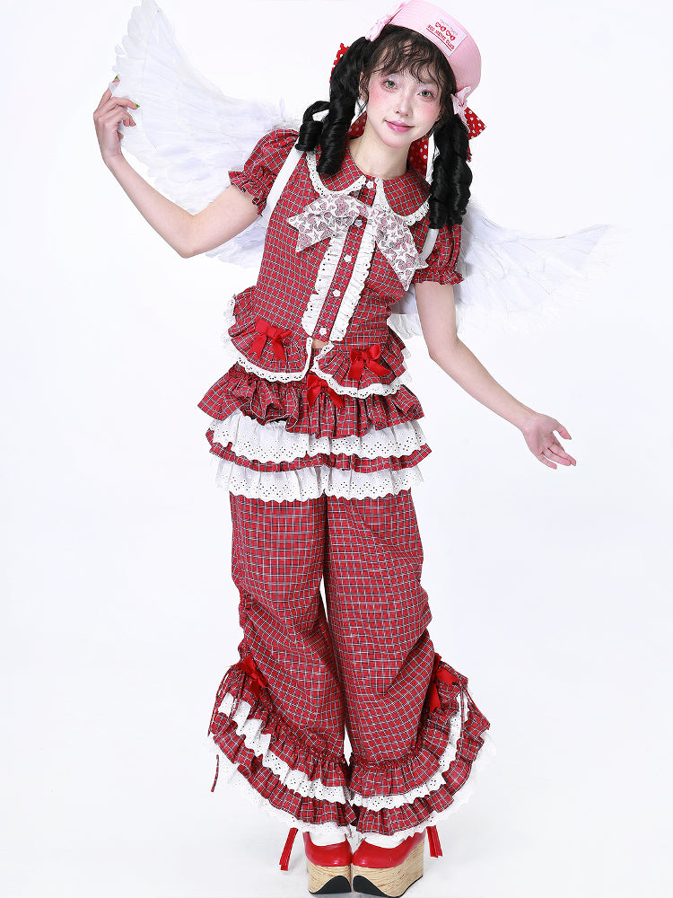 SOS MEME CLUB - Showa Red Plaid Short Sleeve Shirt blouse SOS MEME CLUB