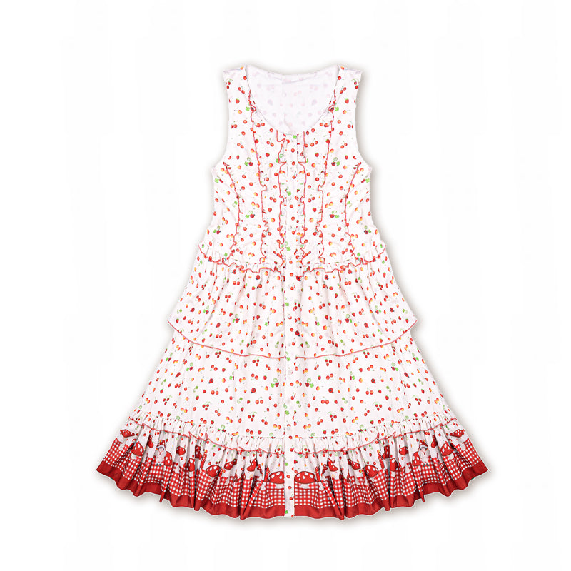 Meugler - Kawaii Red Mushroom & Berry Plaid Ruffle Midi Dress