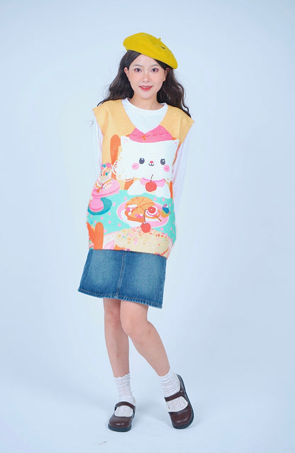 MeowMeow Bug – Decora Kei Tea Time Cat Knit Vest vest MeowMeow Bug