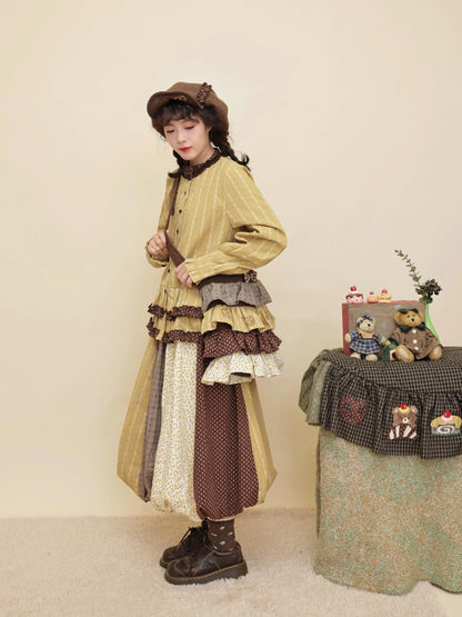 SemenCoicis - Kawaii Vintage Mustard Brown Patchwork Floral Puff Skirt skirt SemenCoicis