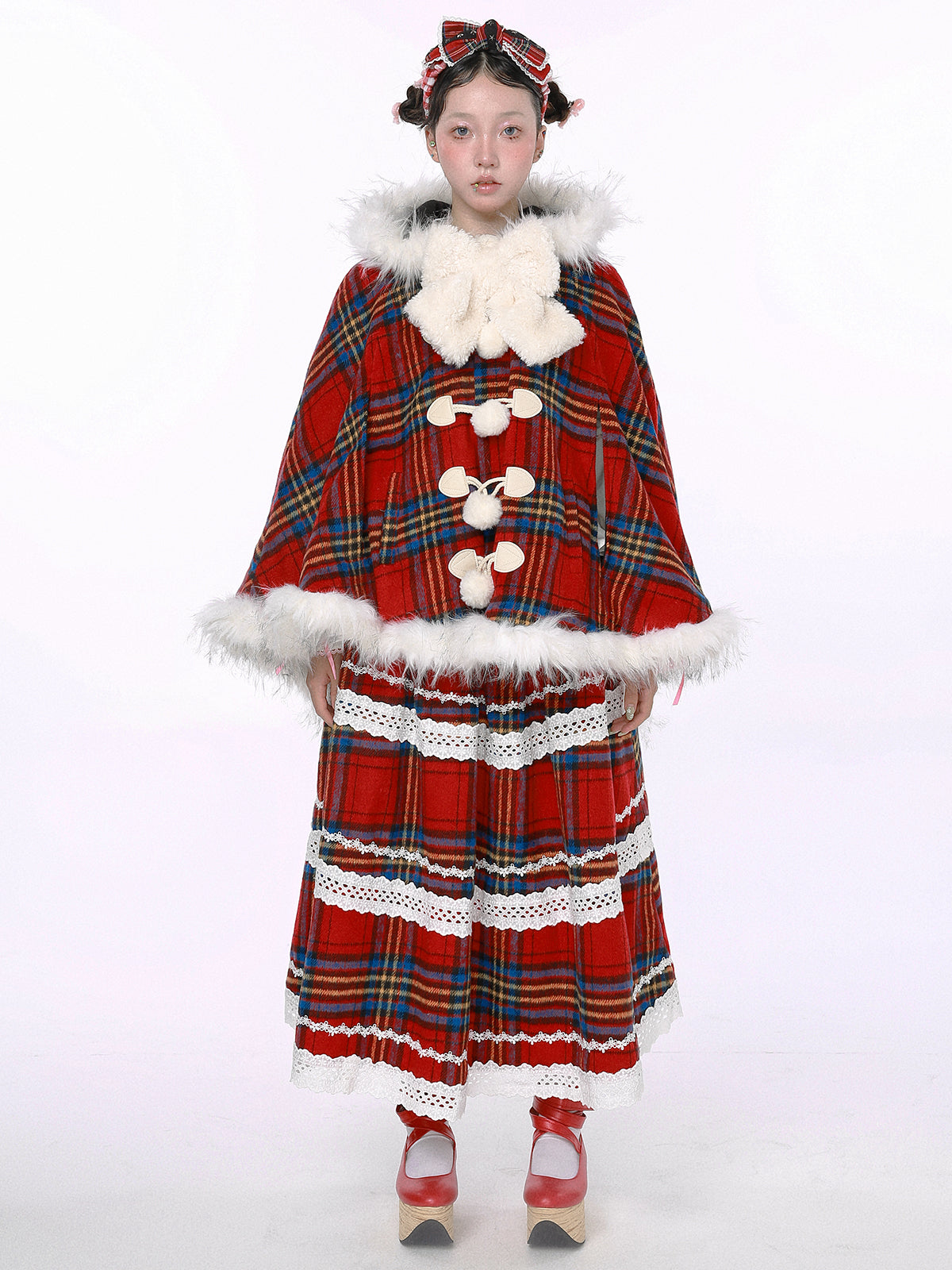 SOS MEME CLUB - Showa Retro Christmas Red Plaid Skirt skirt SOS MEME CLUB