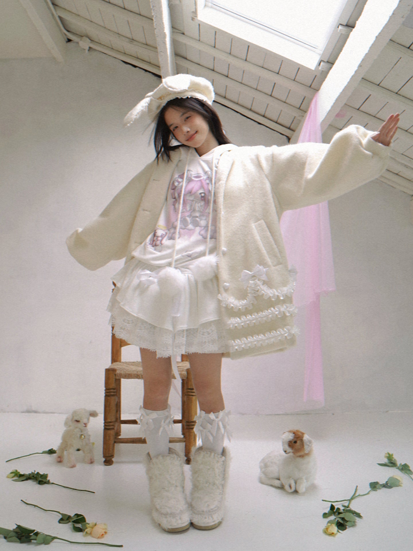 Daytoday Everyday Institute - Girly Wool Look Coat Cream Lace Puff Sleeve coat daytoday everyday institute