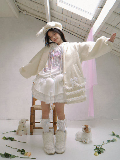 Daytoday Everyday Institute - Girly Wool Look Coat Cream Lace Puff Sleeve coat daytoday everyday institute