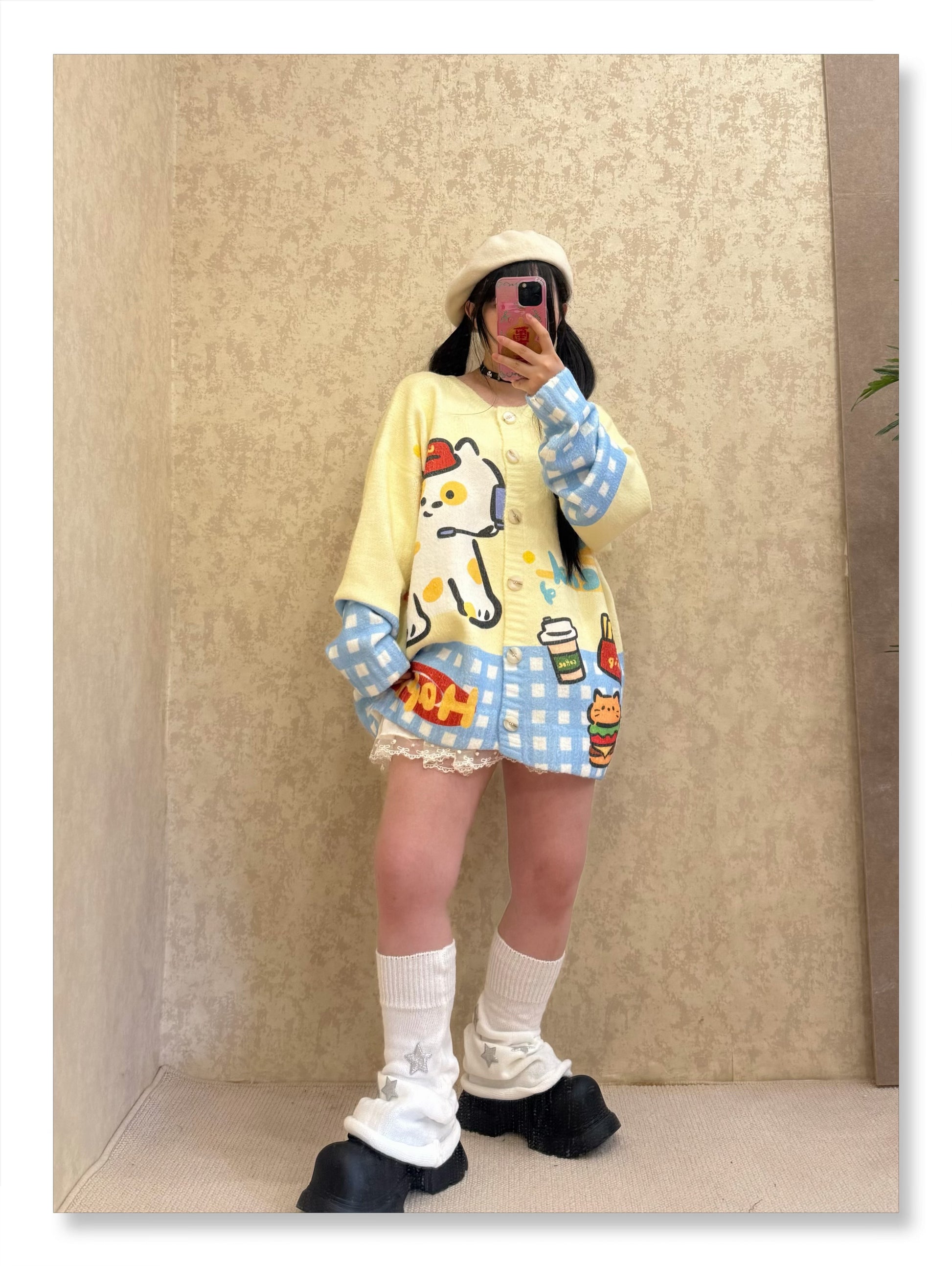 BIBULU - Kidcore Cat Print Cream Cardigan cardigan BIBULU