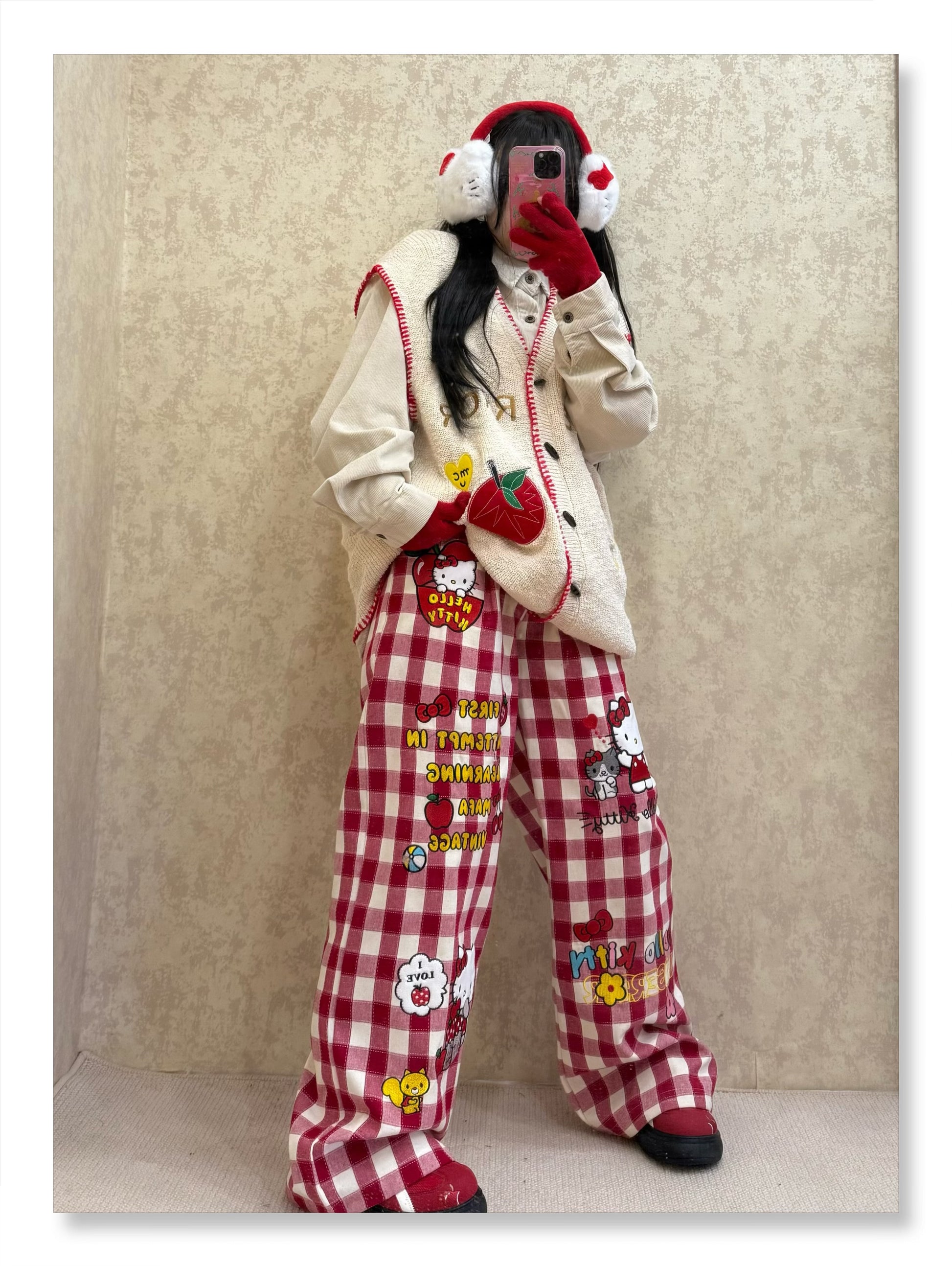 BIBULU - Kidcore Cartoon Embroidered Plaid Pants pants BIBULU