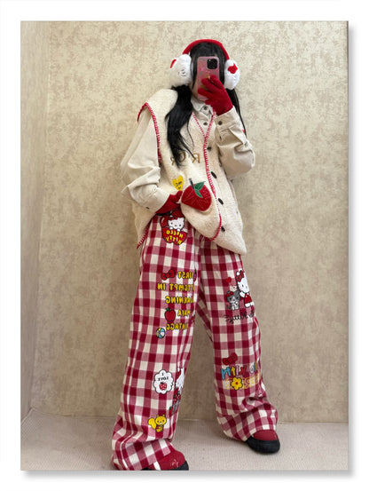 BIBULU - Kidcore Cartoon Embroidered Plaid Pants pants BIBULU