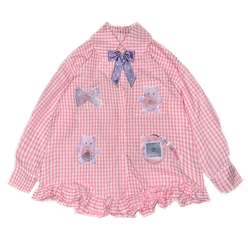 FANLOVEGIRL - Pink Bear Print Doll Collar Shirt shirt FANLOVEGIRL