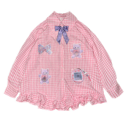 FANLOVEGIRL - Pink Bear Print Doll Collar Shirt shirt FANLOVEGIRL
