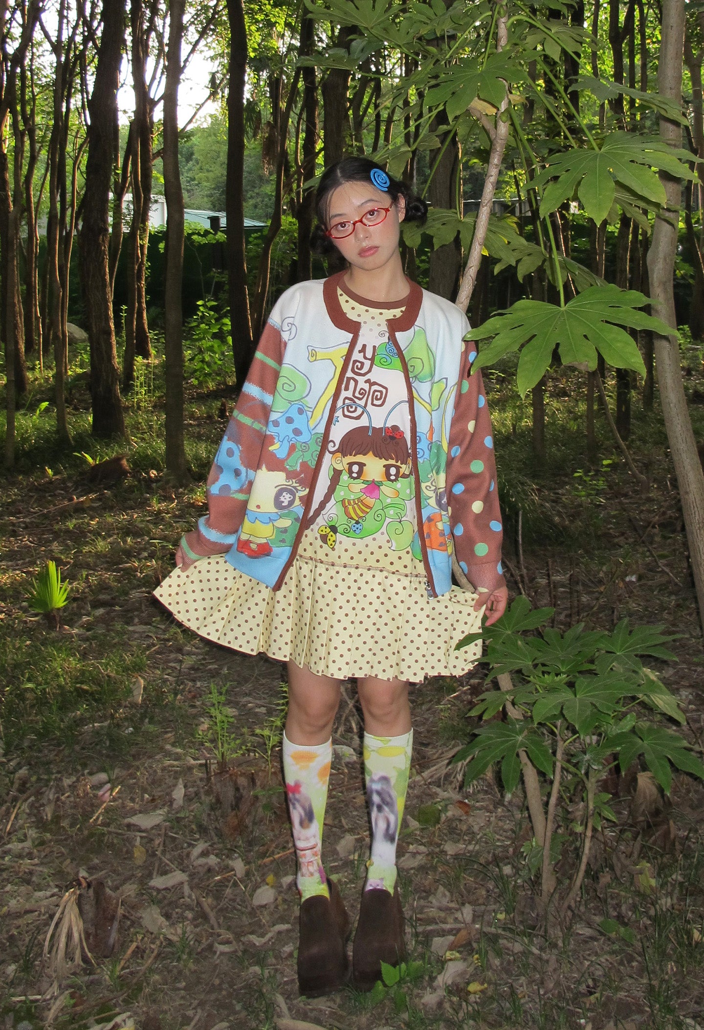 FruFru - Kawaii Knit Cardigan Blue Brown Printed Sweater cardigan frufru