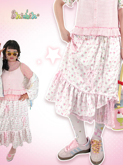 shishihshop Shiny Rose Skirt | Elastic Ballet Midi Skirt | Adjustable Drawstring Skirt