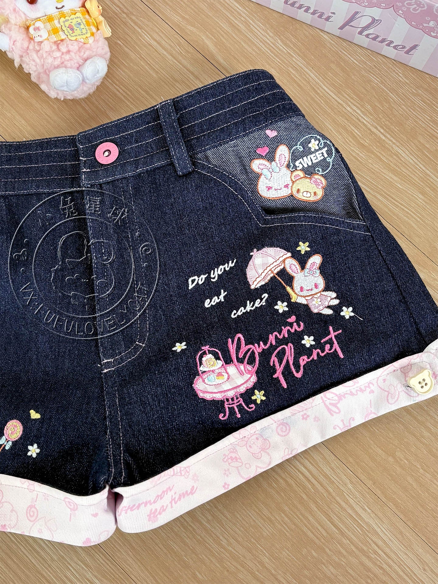 Bunny Planet - Navy Bunny Embroidered Denim Shorts shorts bunnyplanet