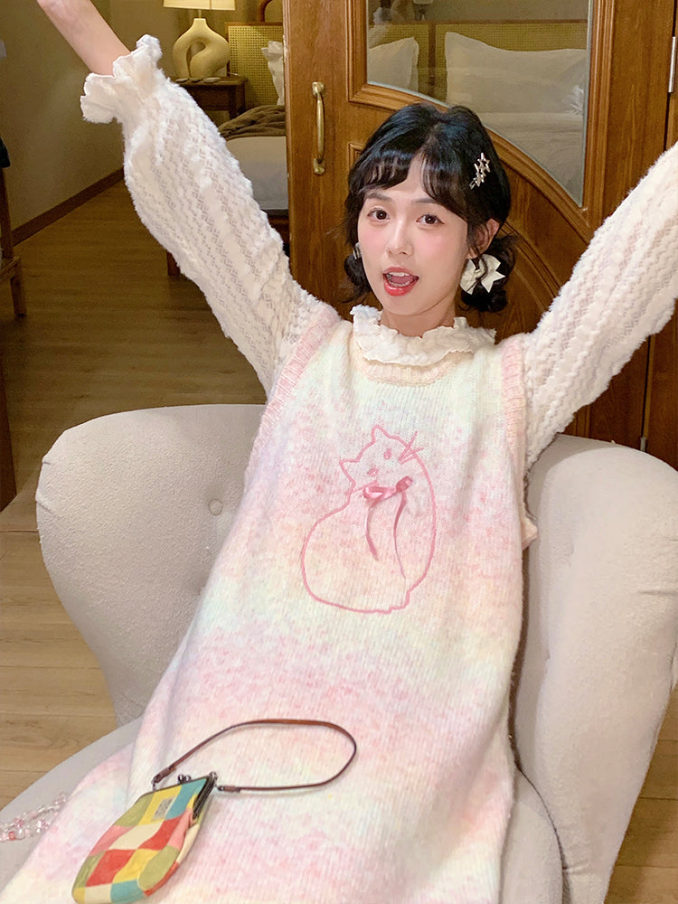 Mameya - Kawaii Pink Cat Knit Sweater Dress Sleeveless Loose Long dress Mameya